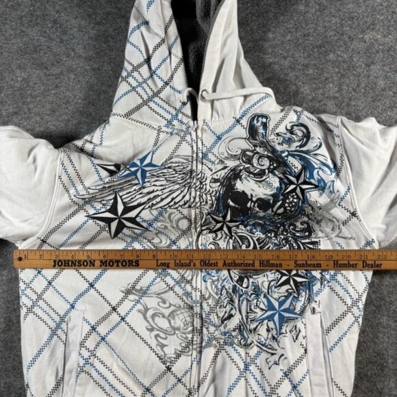 VTG Sapphire Lounge Y2K Tribal White Full Zip Hoodie Mens S Sherpa Skate Skull - Picture 6 of 10